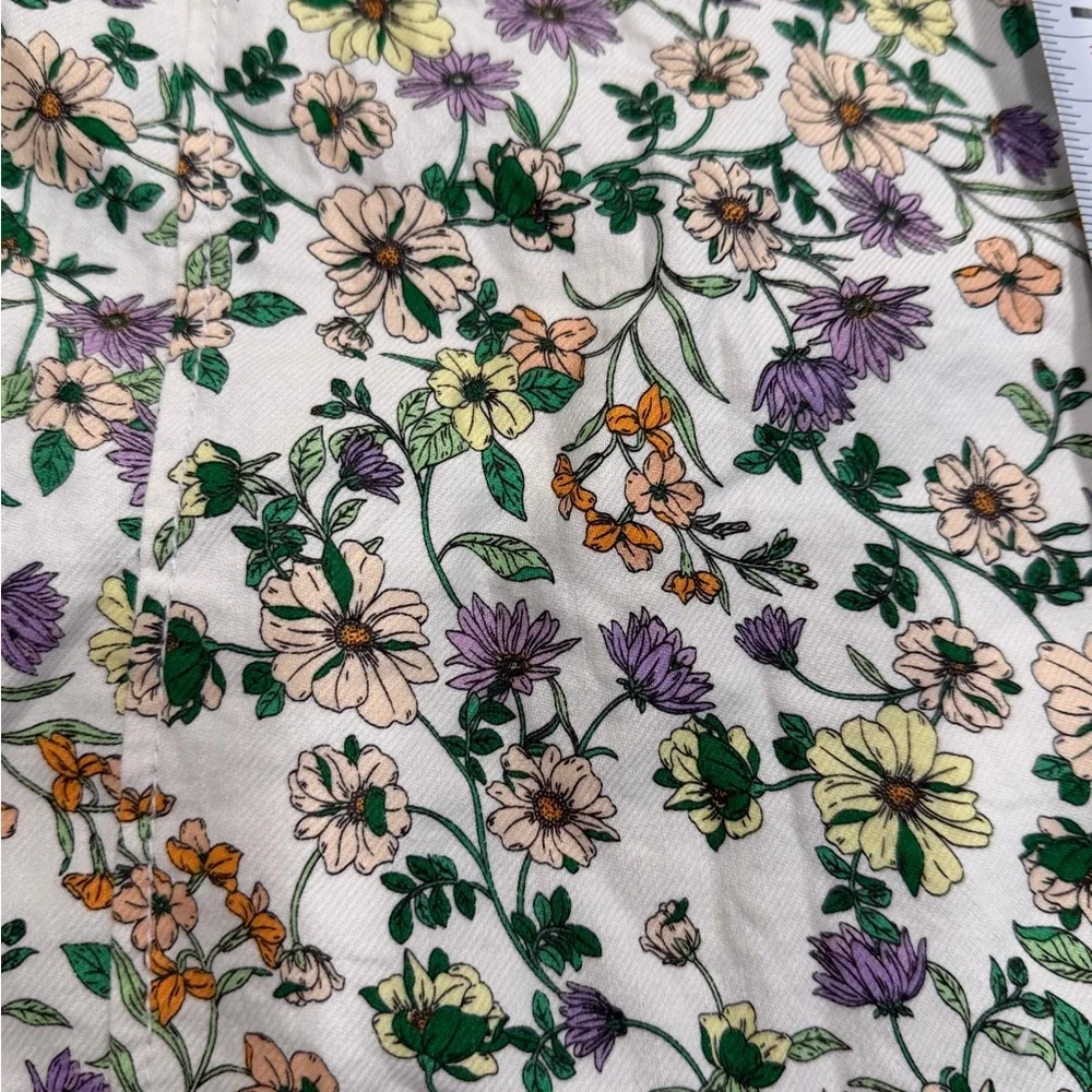 LOFT White Floral Drawstring Mini Skirt with Green, Purple & Orange Accents